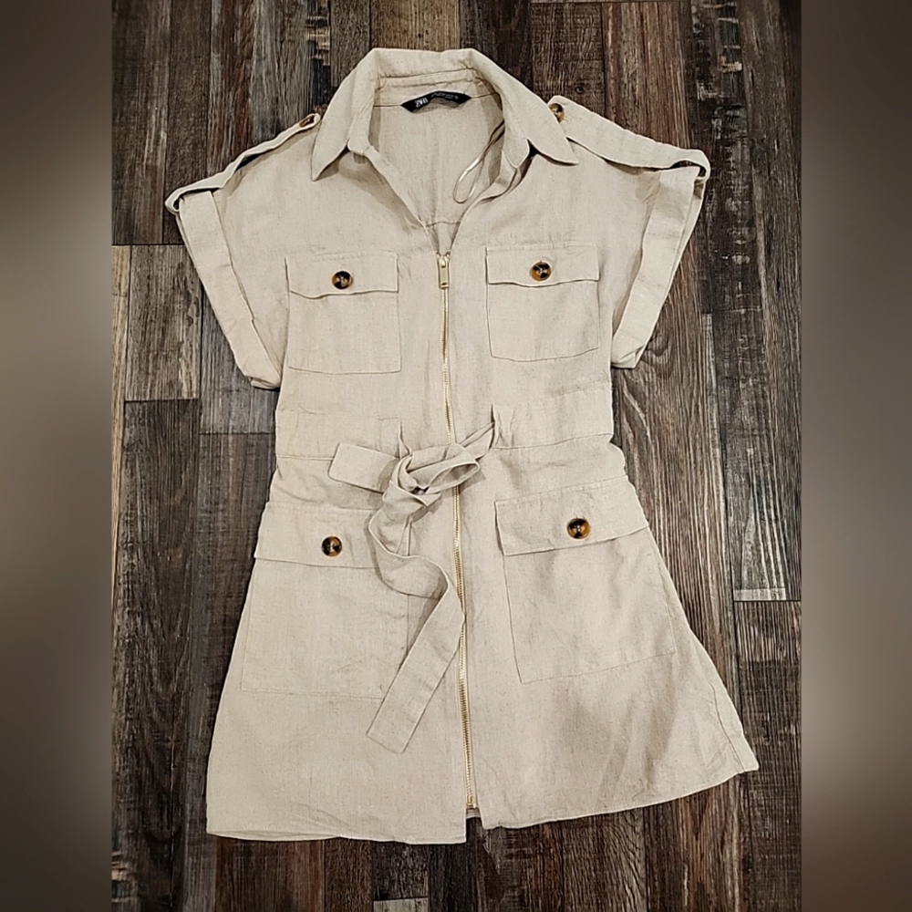 Zara Cream Utility Dress with Belted Waist and Pointed Collar